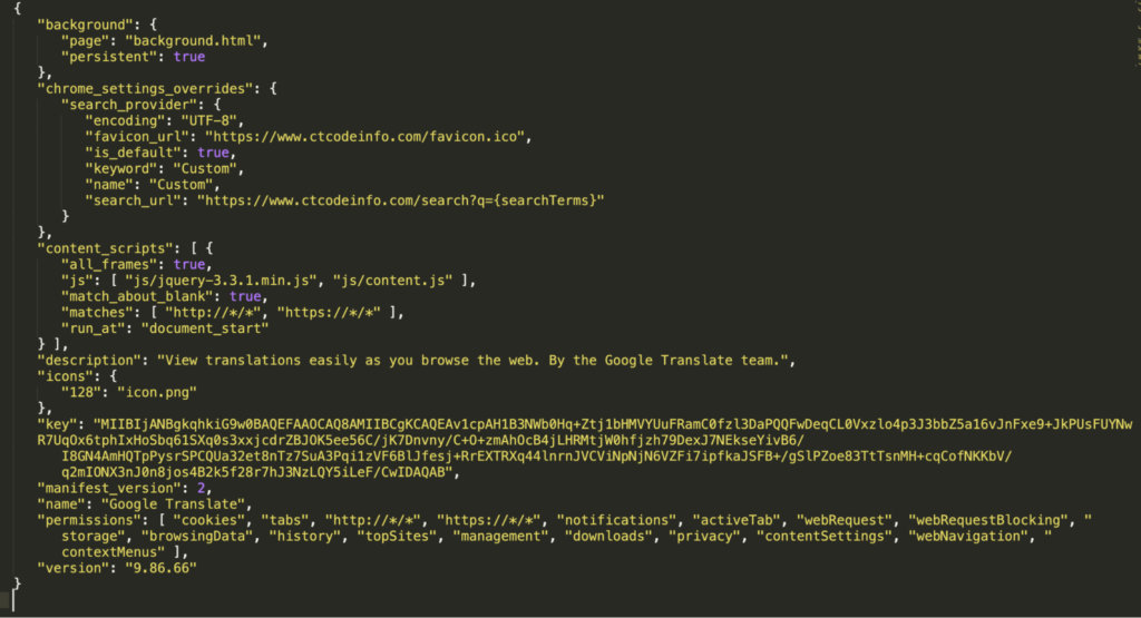 Figure 8: manifest.json highlighting the name and fake description.