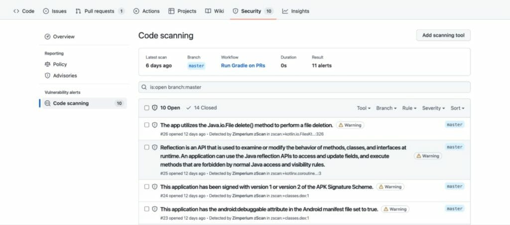 githubs advanced security code scanning alerts interface